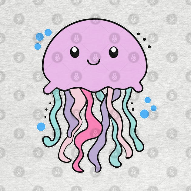 Happy smiling baby jellyfish with bubbles. Kawaii cartoon by SPJE Illustration Photography